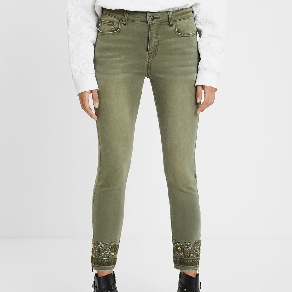 DESIGUAL Washed Khaki Embroidered Jeans